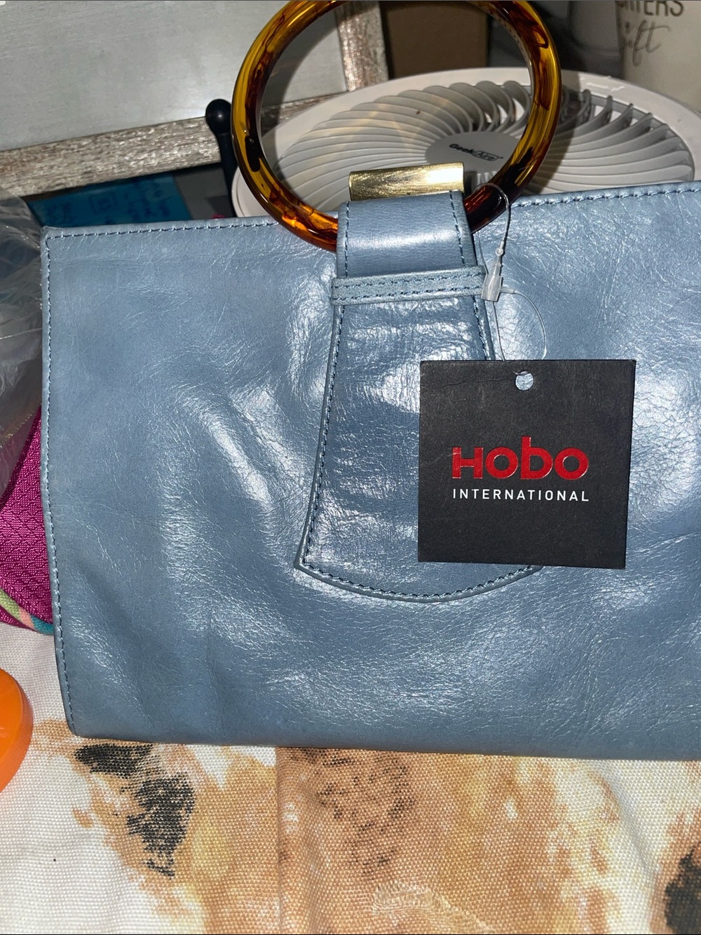 HOBO Slate Blue Leather Ring-Handle Hobo Bag